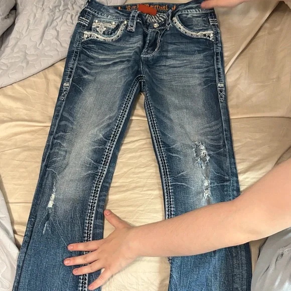 Rock Revival Blue Boot Cut Jeans with Embellished Pockets